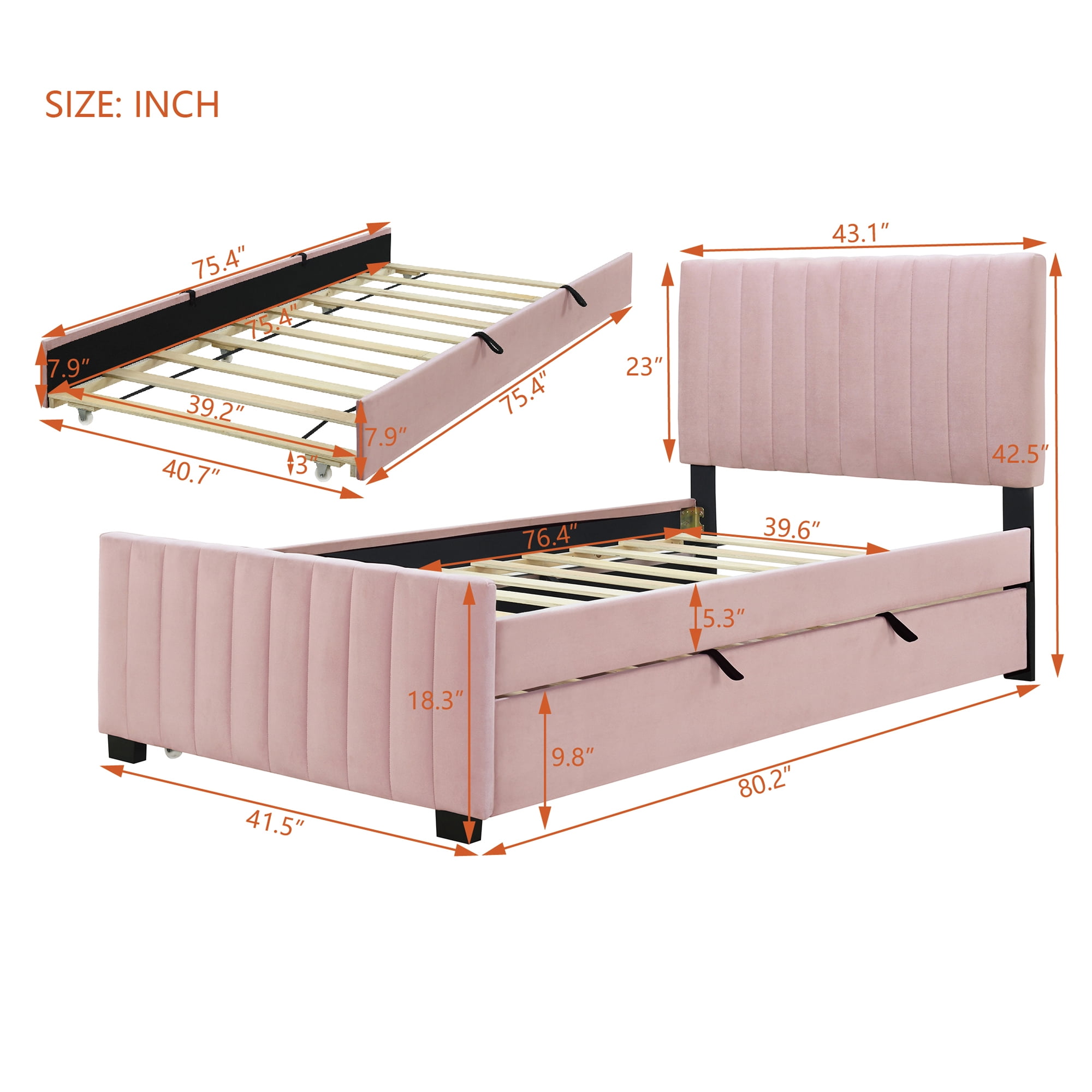 Aukfa Twin Size Upholstered Platform Bed Frame with Twin Size Trundle for Bedroom,Guestroom, Pink
