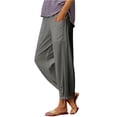 thumbnail image 3 of Womens Cotton Linen Pants Summer 2026 Dressy Casual Elastic High Waisted Loose Fit Straight Wide Leg Lounge Trousers Dark Gray L, 3 of 6