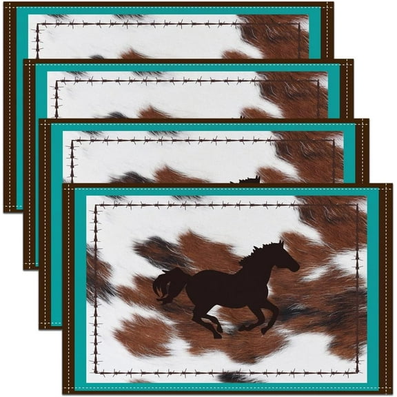 Horse Placemats Set of 4, Rustic Western Cowboy Cowhide Print Placemats for Dining Table, Retro Farmhouse Horse Teal Blue Brown Pattern Washable Fabric Decoration Table Mats Placemat 18"x12"