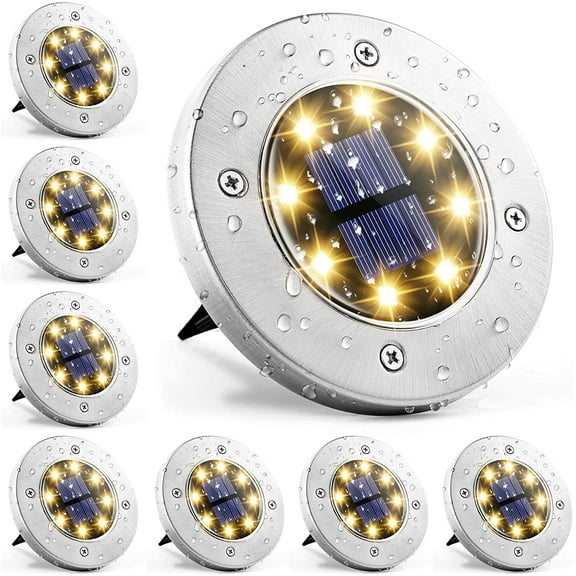 12 Pack Solar Ground Lights Outdoor, Waterproof 8 LED Solar Powered Disk Lights Outdoor Garden Landscape Lighting for Yard Deck Lawn Patio Pathway Walkway (White)