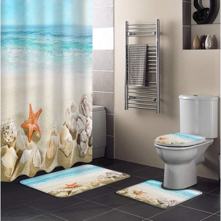 ZHANZZK Ocean 4 Piece Bathroom Set Shower Curtain Bath Rug Contour Mat and Toilet Lid Cover