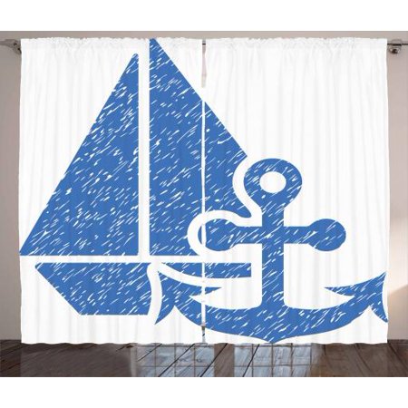 Vintage Blue Curtains 2 Panels Set Marine Themed Anchor And
