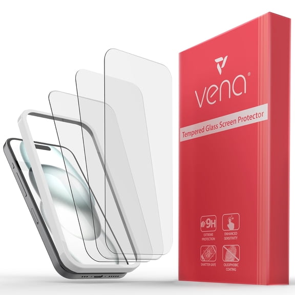VENA HD Ultra Clear Tempered Glass Screen Protector Compatible With Apple iPhone 15 Plus (6.7"-inch) - 3 Packs, (9H Hardness, Shatterproof Glass) Bubble Free Film with Installation Frame