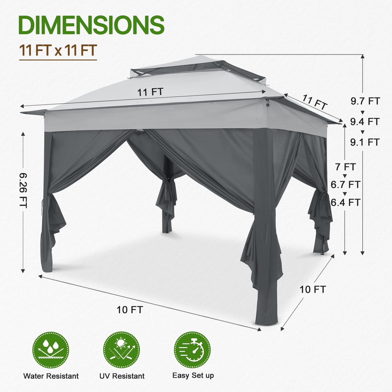COOS BAY 11x11 Pop-up Instant Gazebo Tent with 4 Sidewalls Outdoor Canopy Shelter, Gray