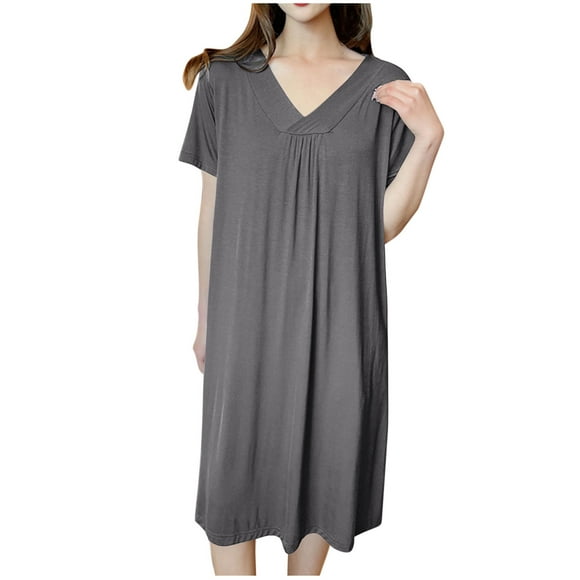 Yuyuzo Nightgowns for Women Short Sleeve T Shirts Dress V Neck Pleated Nightdress Comfy Ladies Loungewear