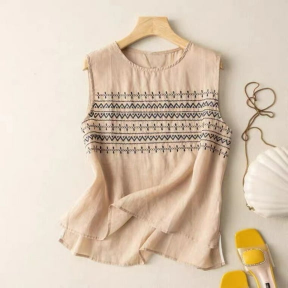 Womans Tank Tops Sleeveless Vest, Loose Fit Cotton Linen Tank Top, Solid Color Embroidered Suspenders