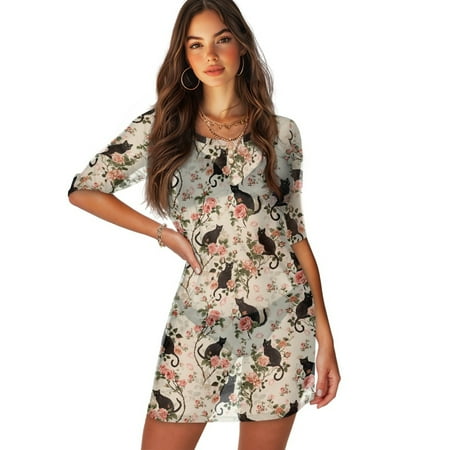 FKELYI Women s Swimwear Cover Ups Breathable Bikini Suit Cover-Up with Half Sleeve Retro Floral Black Cat Print Sheer Fabric Beachwear Dress for Lady Summer Vacation Outfits  XL