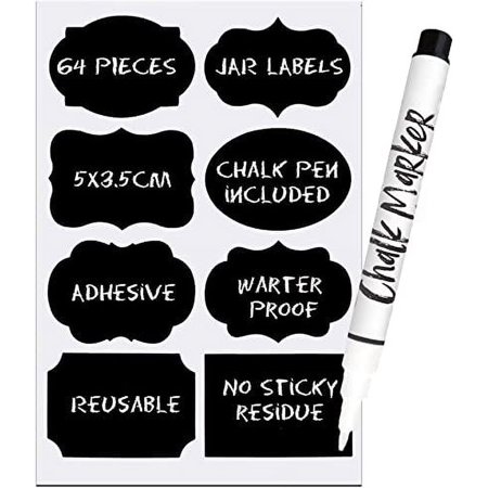 64 Chalkboard Labels Reusable Labels for Food Containers - Removable Waterproof Mason Jar Labels. 1 White Chalk Marker