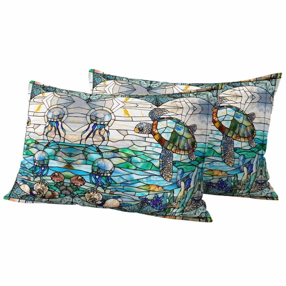 Stained Glass Sea Turtle Outdoor Waterproof Pillow Covers, Summer Coastal Ocean Jellyfish Decorative Rectangle Throw Pillowcase Sofa Cushion Sham for Patio/Couch/Chair, 20"x12" 2 Pack