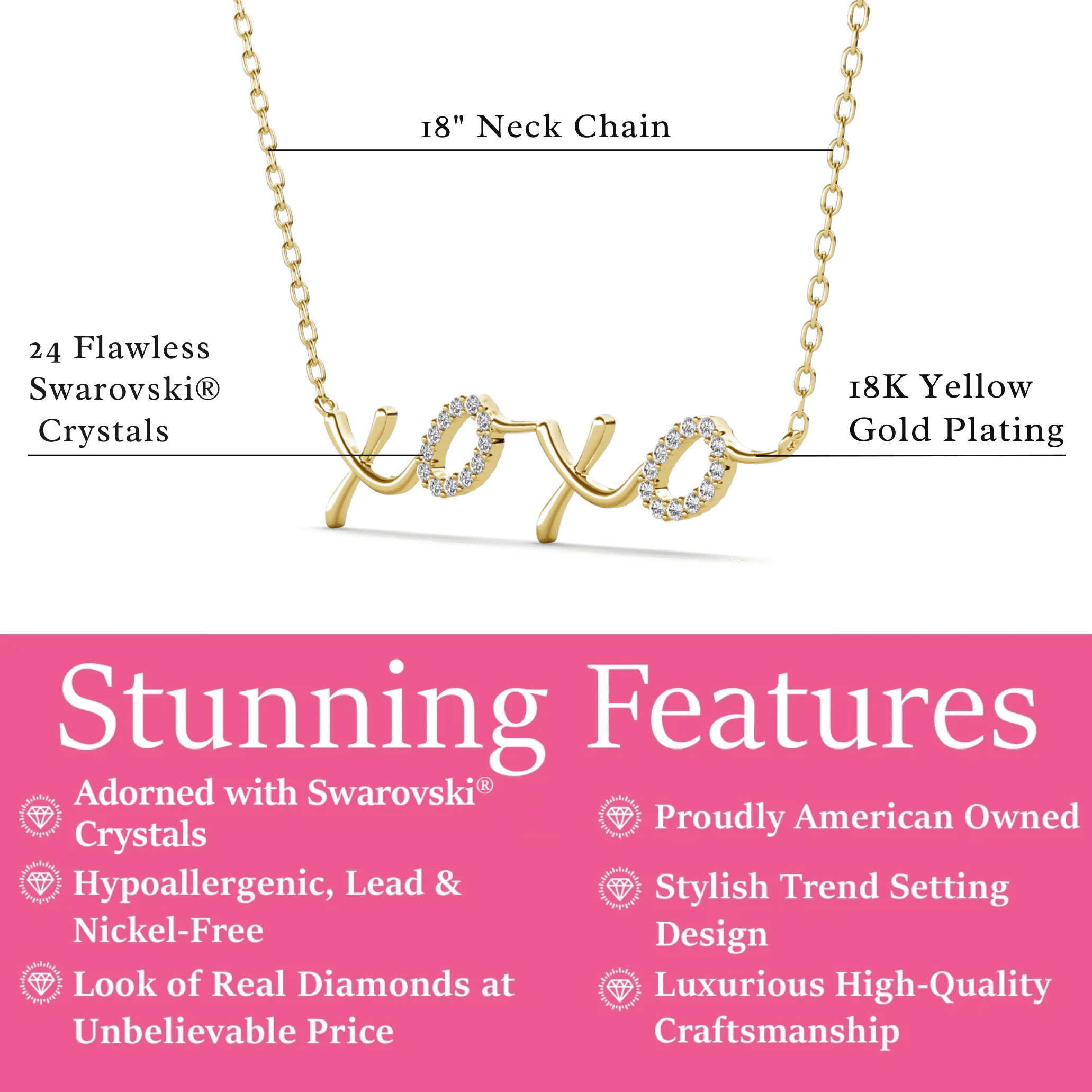 Cate & Chloe Jocelyn 18k Yellow Gold Plated XOXO Pendant Necklace with Swarovski Crystals