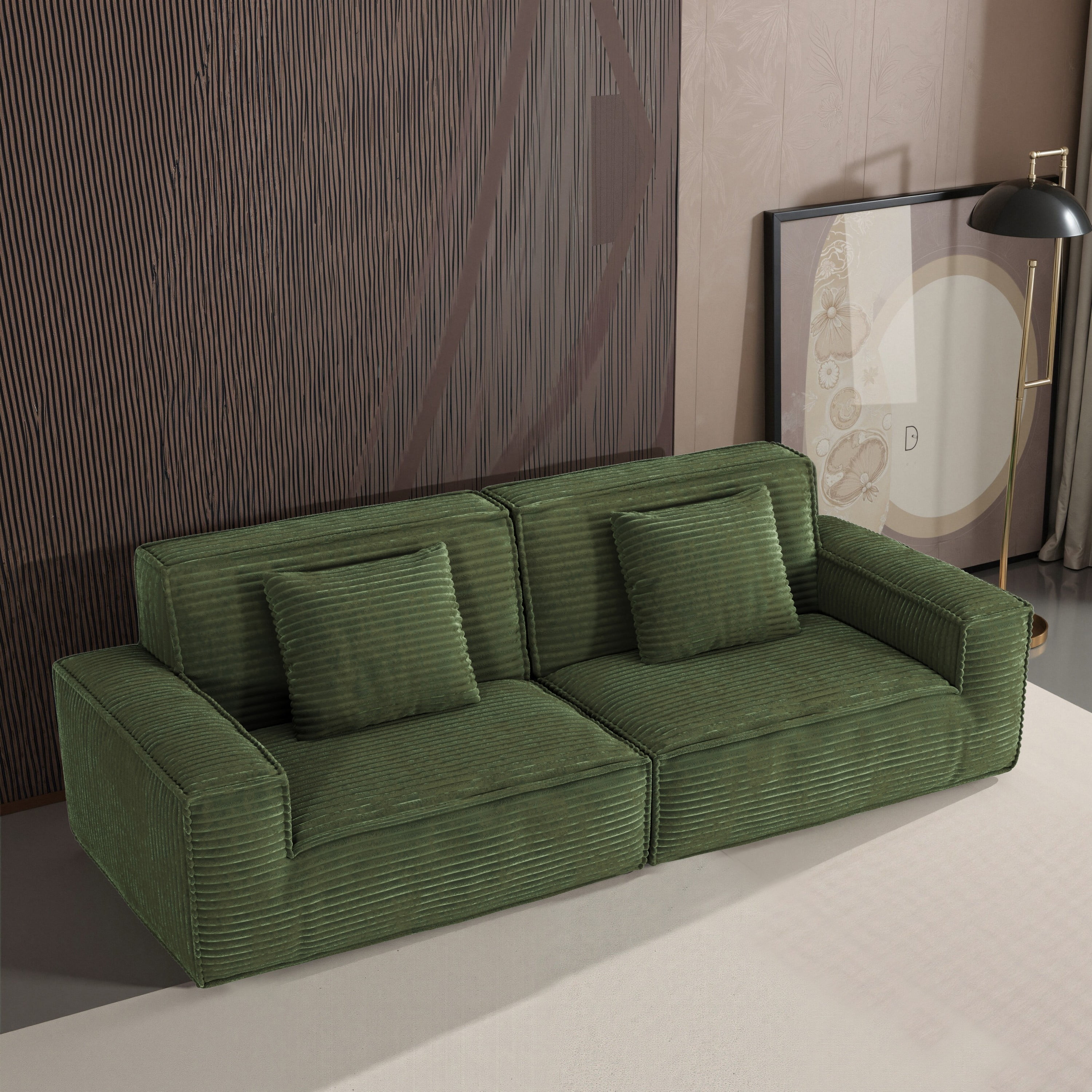 BSHTI No-Assembly Plush Compression Sofa Set, Ultra-Wide with Deeper Seat & Raised Back, Multi-Functional Large Striped Fabric Sofa for Living Room & Apartments, Green