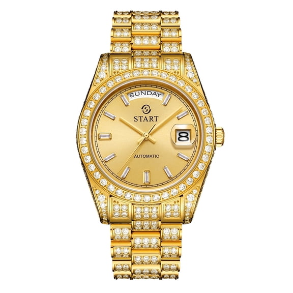 【START】Men's Watch Swiss Automatic Mechanical Movement Diamond Watch Waterproof Date Day Butterfly Buckle Strap Golden Watch