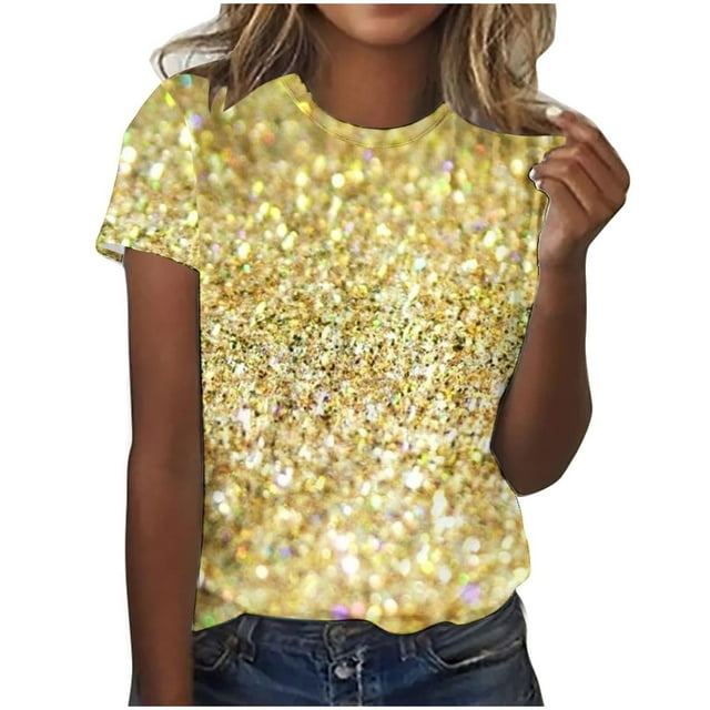 Liquidation! Uooqdmx Hauts à Sequins pour Femmes, Chemises à Manches Courtes pour Femmes, Hauts Scintillants pour Femmes, T-Shirt Décontracté à Col Rond Imprimé à Sequins, Hauts de Printemps pour Femmes 2025, Jaune TTG
