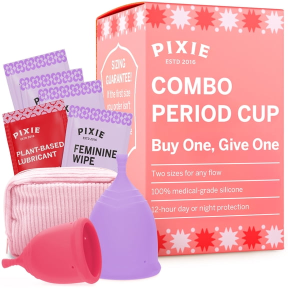 2 Pixie Menstrual Cups - No Metals or Toxins - 100% Medical-Grade Silicone - Ranked 1 for The Most Soft Reusable Period Cup - Wear 12 Hours - Tampon Alternative - Buy One We Give One (Combo)