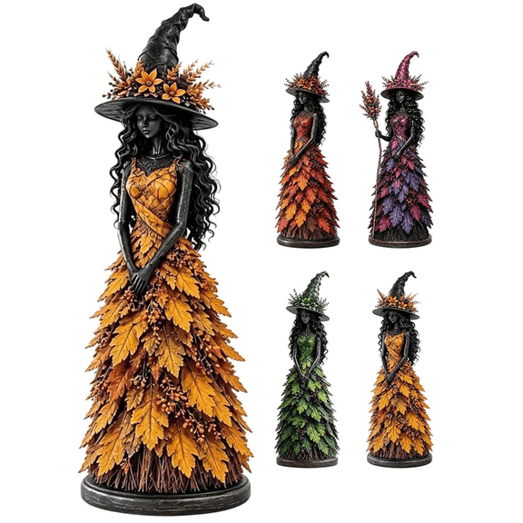 Enchanted Harvest Witch Figurine,7*2.6 Inch Hand-Painted Resin Fall Witch Figurine with Floral Witch Hat for Indoor Autumn and Halloween Tabletop Hobby Display