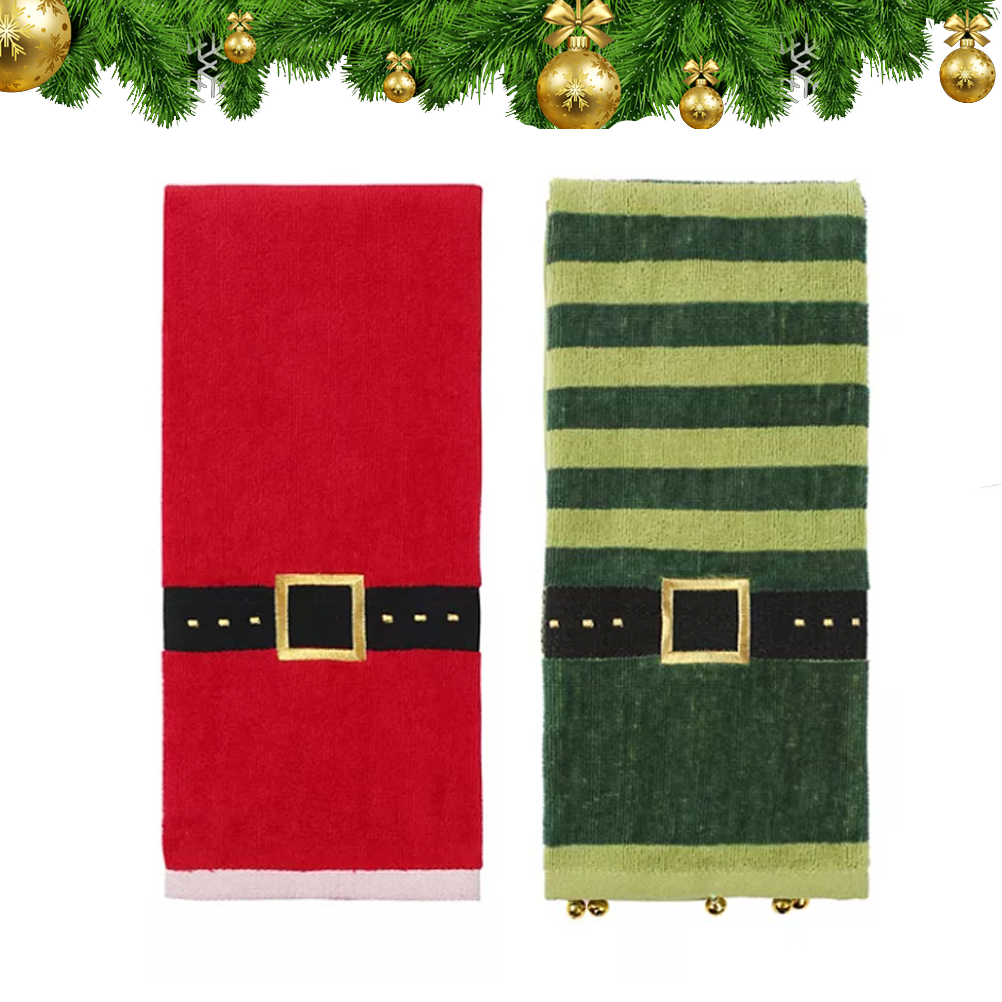 St. Nicholas Square Christmas Bath Hand Towels, Santa Elf Belt Buckle, 2 Piece