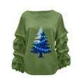 thumbnail image 2 of Yteetum Women's Christmas Crewneck Sweatshirts Oversized Christmas Tree Print Pleated Ruffle Trim Pullover Hoodless Sweatshirts Womens Casual Xmas Graphic Round Neck Loose Lantern Sleeve Sweatshirts, 2 of 5