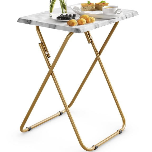 Marble Folding TV Tray Table - X-Frame Steel Base, No Assembly, Compact