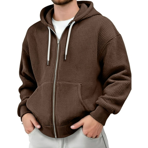 Qwertyu Men's Waffle Knit Full Zip Up Hooded Sweatshirt Casual Solid Color Long Sleeve Pullover Hoodie with Zipper Brown L