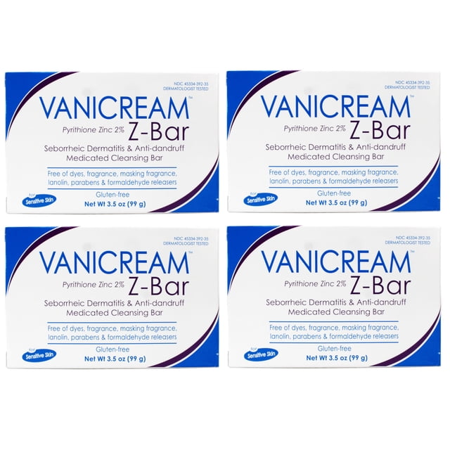 Vanicream Barra de Limpieza Medicada Z-Bar, 2% de Piritiona de Zinc para Dermatitis Seborreica y Caspa, Sin Jabón, Sin Gluten, 99 g (Paquete de 4)