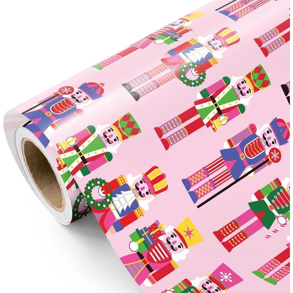 NeoMart- Nutcracker Christmas Wrapping Paper - Mini Roll - 17 Inch x 16.5 Feet - Pink Nutcracker Wrapping Paper for Christmas, Holiday, Party Celebration