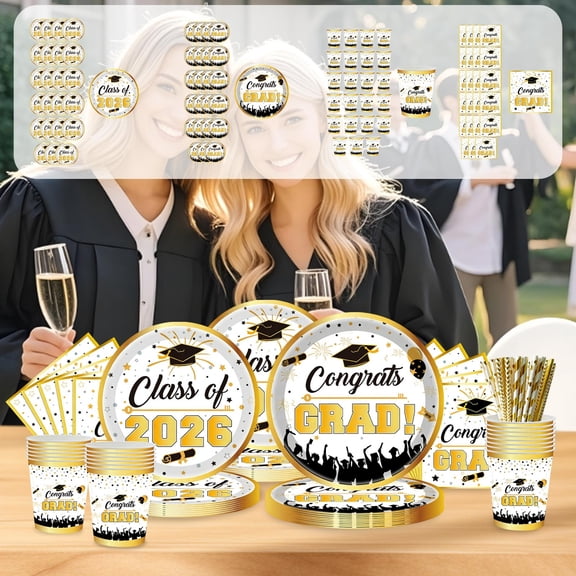 Aoznliie Graduation Party Supplies Disposable Tableware Set,White Gold Paper Plates & Napkins& Cups for 2026 Class of Graduation Party, 24 Pcs