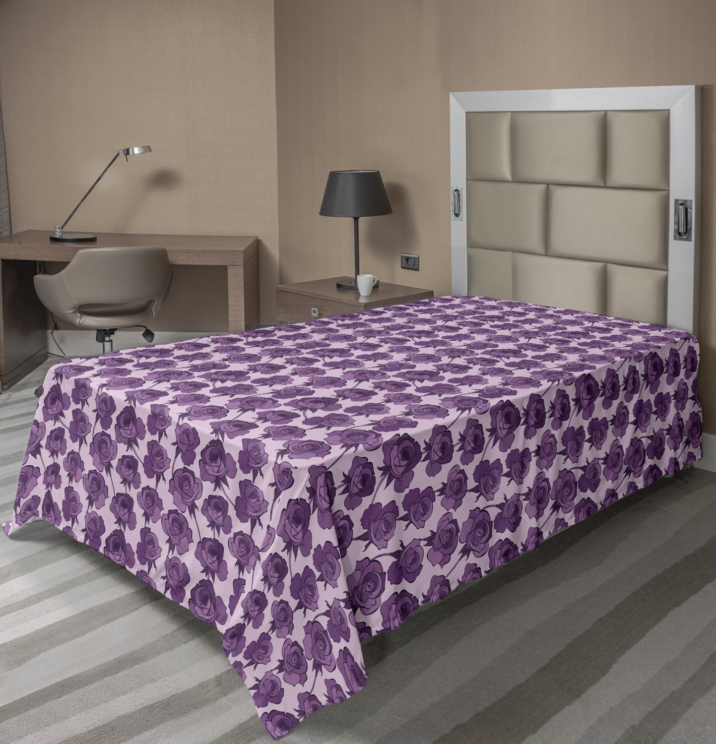 Floral Flat Sheet, Romantic Roses Continuous Violet Lilac Tones Pattern