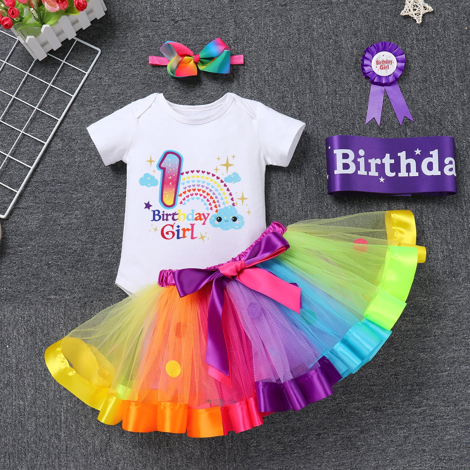 IBTOM CASTLE Toddler Baby Girl Unicorn 1st 2nd 3rd Birthday Outfit Romper + Rainbow Tutu Skirt + Headband + Sash + Badge 5PCS Princess Dress up Clothes Set for Cake Smash Photo Shoot