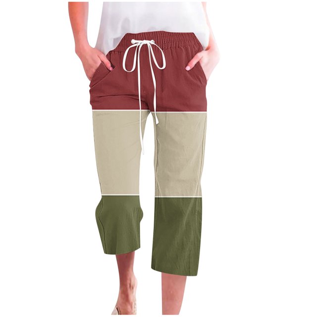 FAIWAD Pantalons Capri en Lin pour Femmes, Poches Larges, Taille Élastique