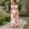 thumbnail image 2 of Women's Watercolor Floral Chiffon Maxi Dress Deep V Cap Ruffle Sleeve Elastic Waist A-Line Wedding Sundress, 2 of 6