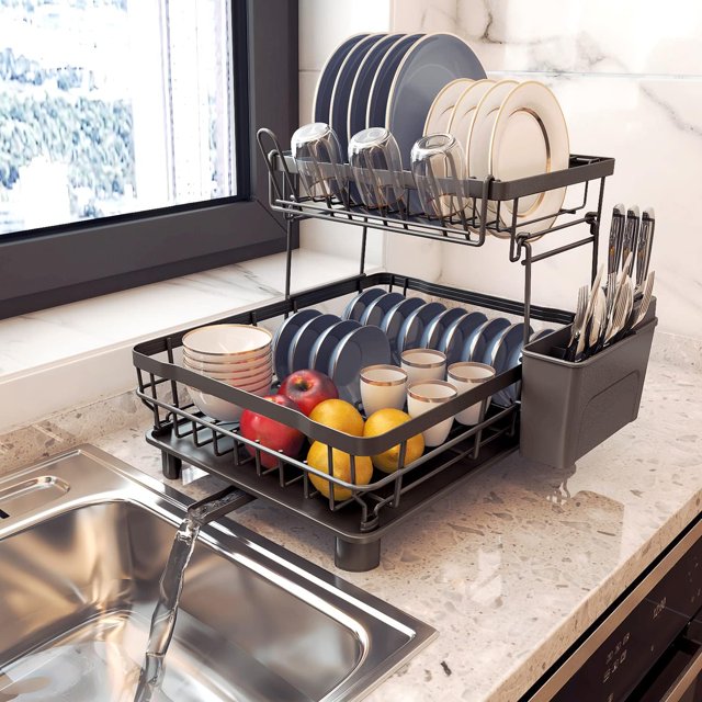 Dish Drying Rack with Drain Board, Trusthere Dish Rack for Kitchen Counter with Utensil Holder, Rustproof Drainboard Set with Cup Holder, Dish Drainer with 360° Swivel Drain Spout (Black,2 Tier)