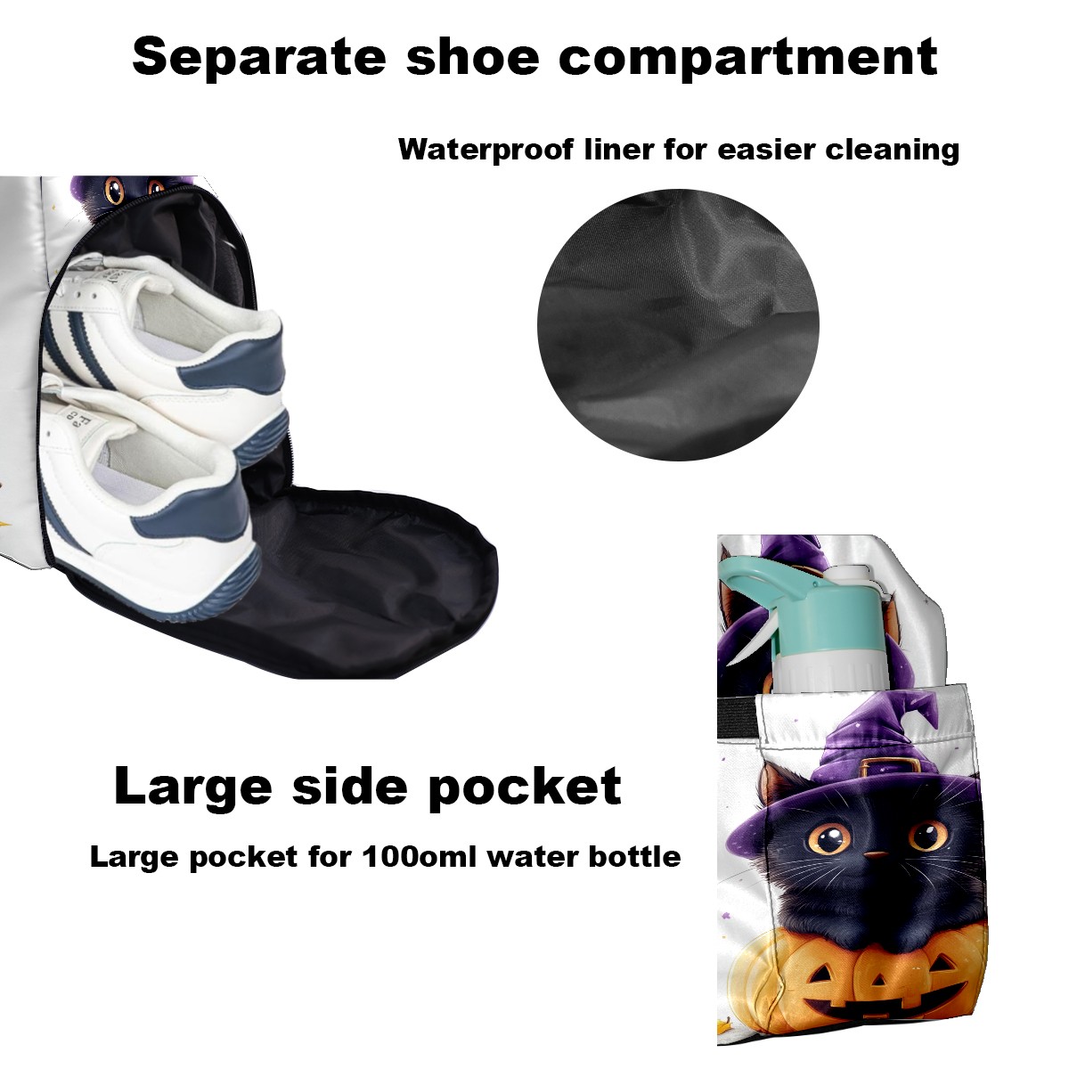 Large Gym Bag with Shoe Compartment, Water-Resistant Duffle Bag for Men and Women, Halloween Black Cat Pumpkin Witch Hat Sports Tote for Workout Travel