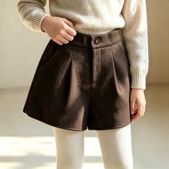 Trikvn Girls Dressy Wool Blend Shorts High Elastic Waist Pleated Front Fall Winter Warm Uniform Shorts with Pockets