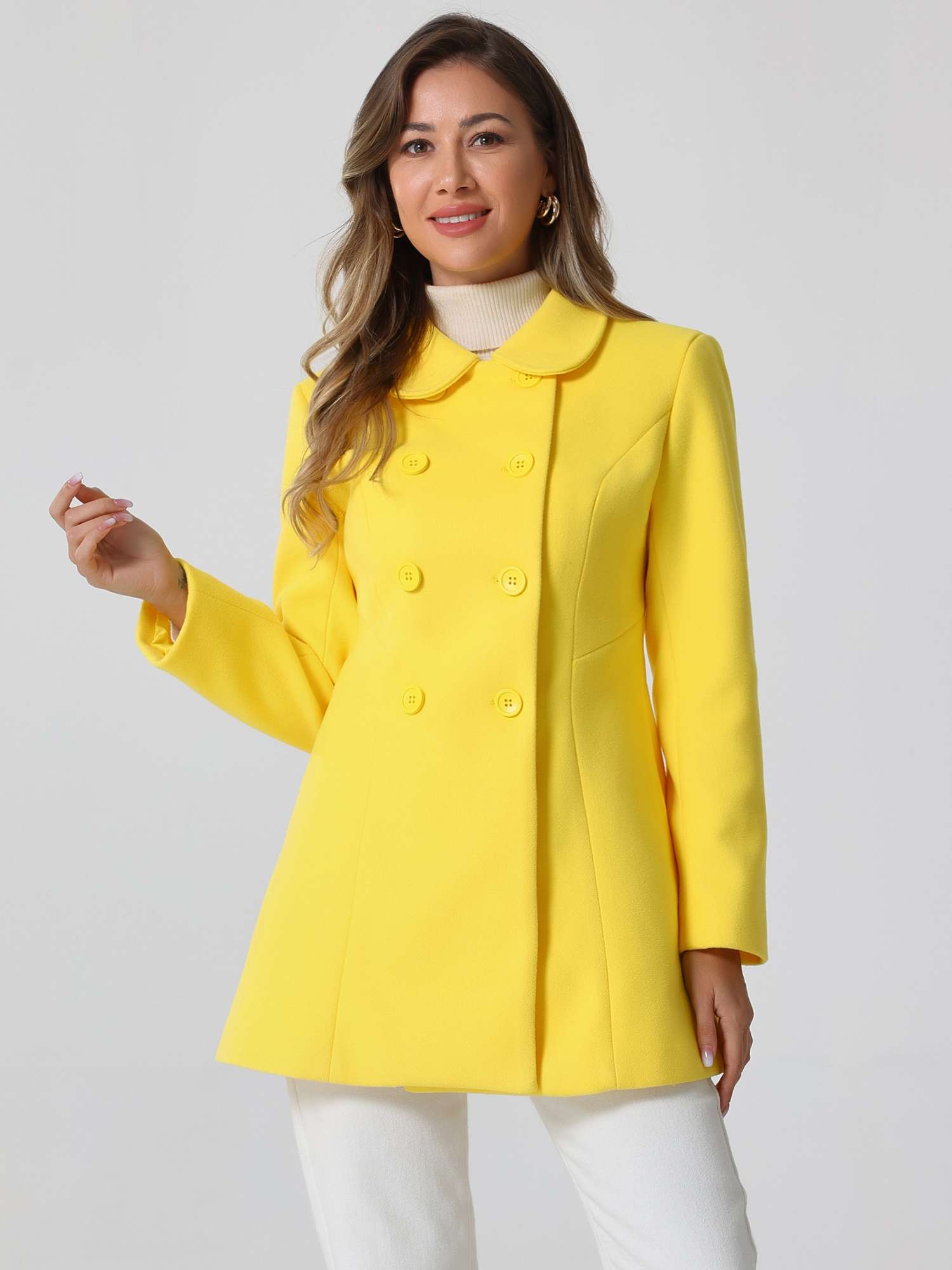 DARING DIVA Women's Peter Pan Collar Double Breasted Winter Trench Coat Yellow M