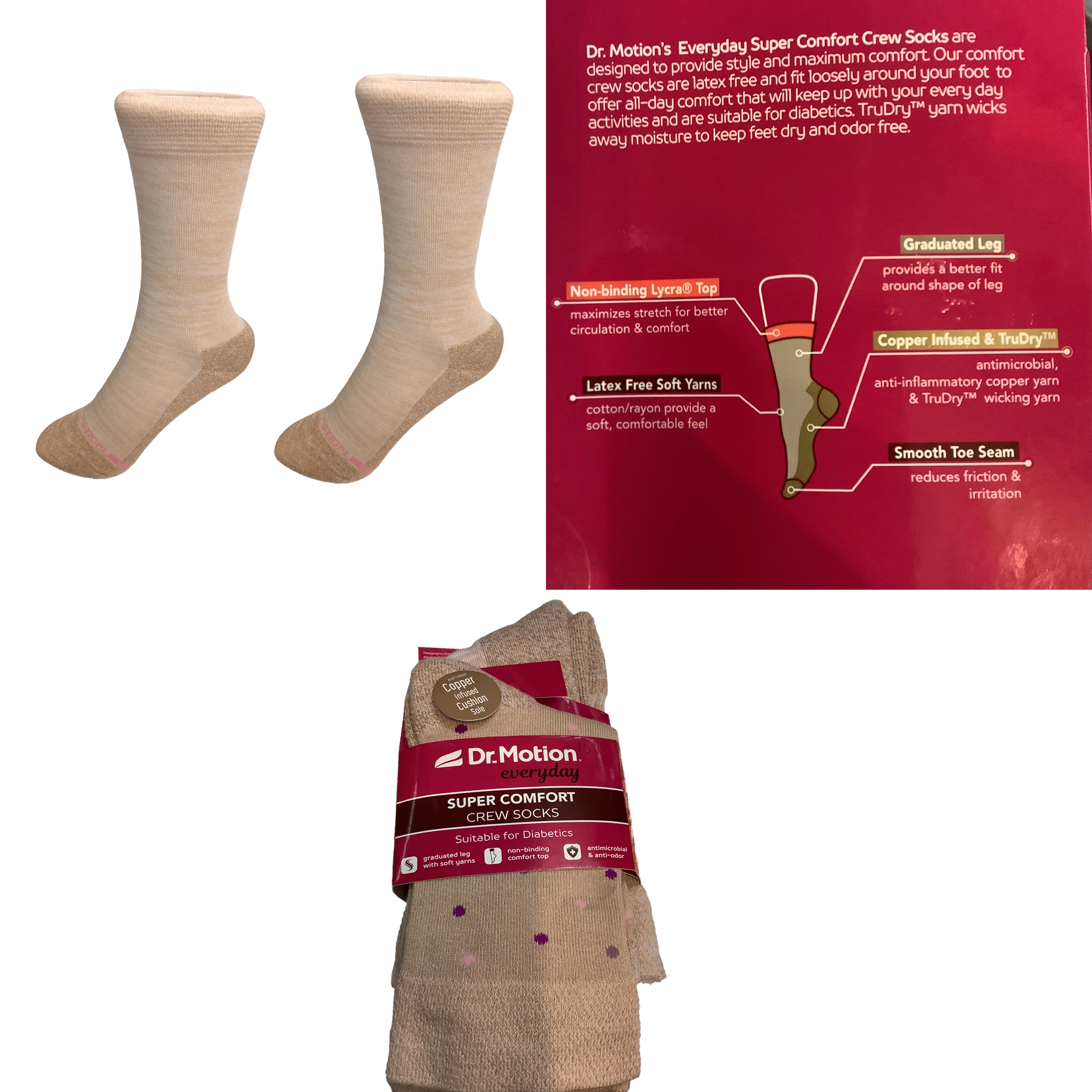 DR. MOTION EVERYDAY 2 PAIRS WOMENS SUPER COMFORT CREW SOCKS SUITABLE