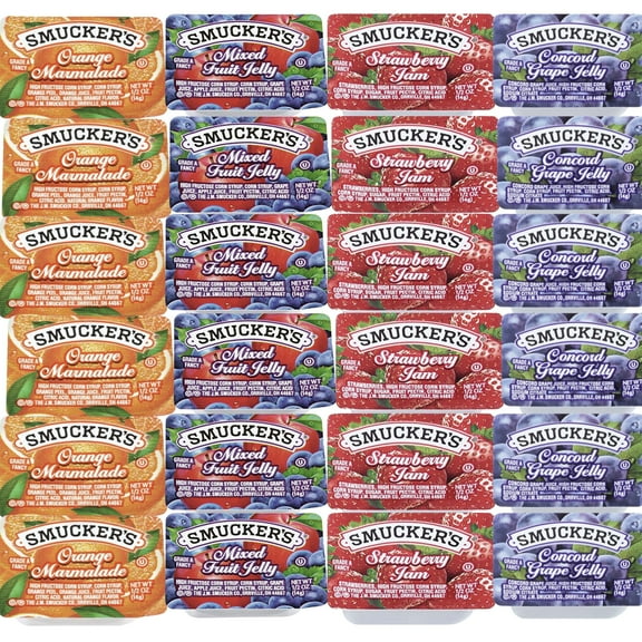Smucker’s Variety Pack with 40 cups: 10 each of Grape, Mixed Grape, Strawberry & Orange Marmalade. Great for breakfast, travel, catering, and foodservice.
