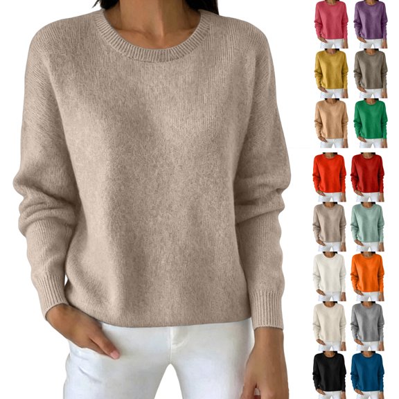 Smsaxvxz Sweaters for Women Fall Winter Fashion Long Sleeve Crew Neck Warm Pullover Tops Loose Casual Knit Sweater Brown XL