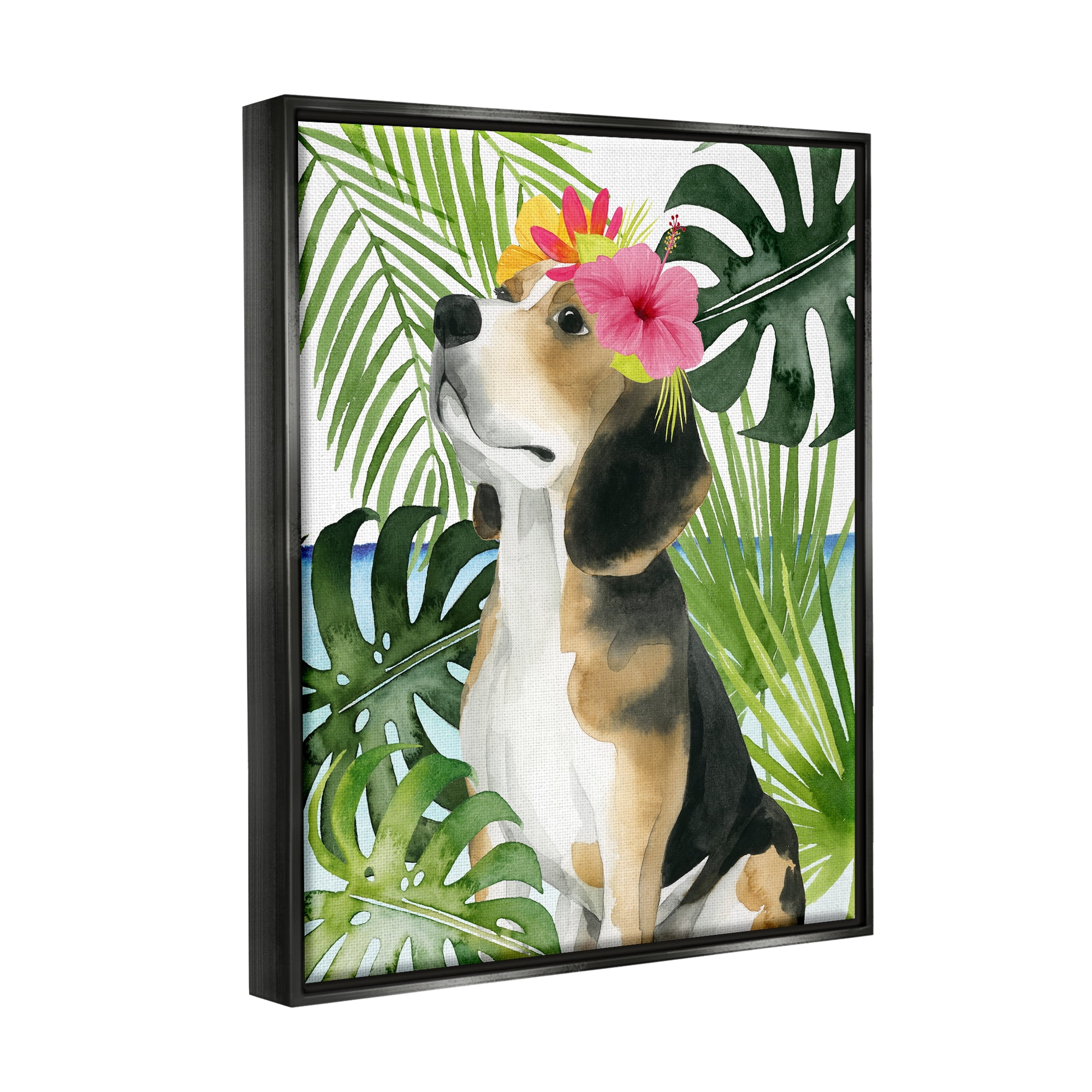 Stupell Industries Puppy with Hibiscus Animals & Insects Painting Black Floater Framed Canvas Art Print Wall Art, 25 x 31