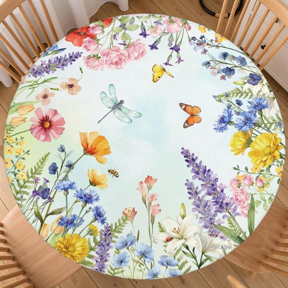 Wildflower Round Fitted Tablecloth Best for 44"-48" Butterfly Table Cloth Elastic Edge Waterproof Stain Resistant Washable Farmhouse Rustic Colorful Floral Table Cover for Party Picnic Indoor Decor