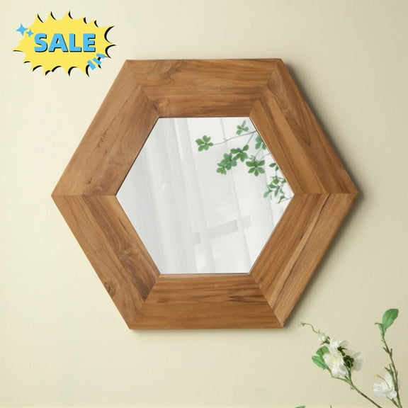 Tcbosik Hexagon Mirror with Wood Frame, 18.5 inch Wall Mounted Mirror, Vanity Mirror for Bathroom, Bedroom, Living Room, Natural