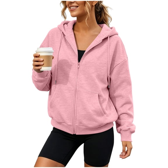 hoksml Women Full Zip Drawstring Hooded Jacket Oversized Drop Shoulder Hoodie with Kangaroo Pockets for Sports Street Casual