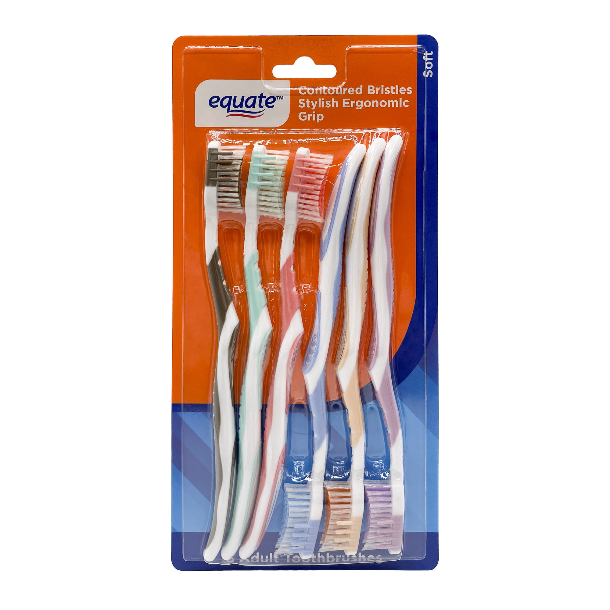 Equate Manual Toothbrushes with Contoured Bristles and Ergonomic Grip, Soft, 6 Count