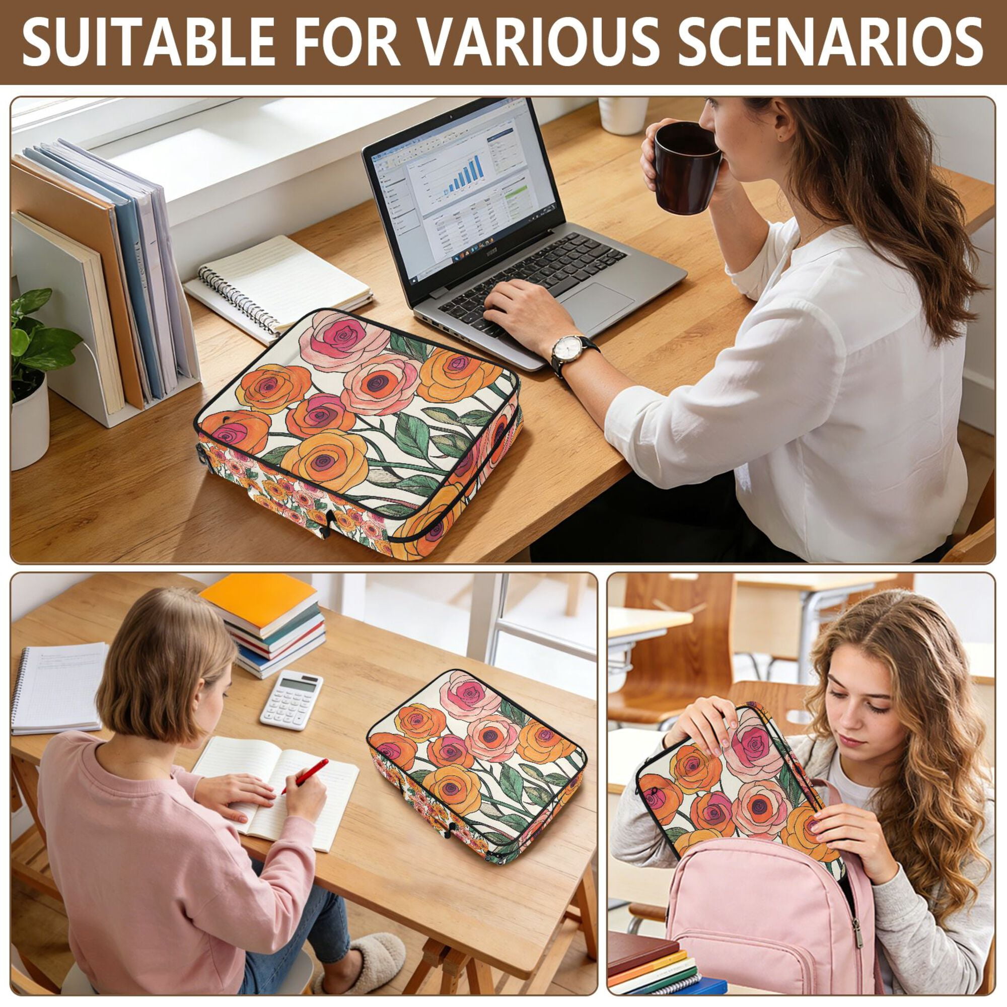 FORMRS Accordion File Folder A4 Size 7-Pocket Expanding Document Organizer Bag with 3 Ring Binder, Hand Drawn Floral