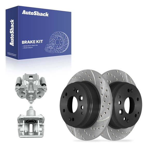 AutoShack Rear Solid Drilled & Slotted E-Coated Brake Rotors   Calipers 4-PC Brake Kit Replacement for 2004-2008 Acura TL 2003-2011 Honda Element ShadowGuard 11.1" (282 mm)