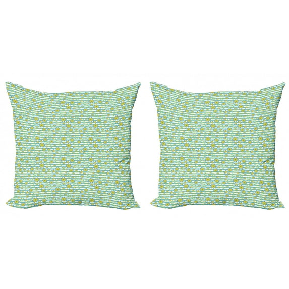 Floral Throw Pillow Cushion Cover Pack of 2, Summer Flowers and Leaves on Striped Background, Zippered Double-Side Digital Print, 4 Sizes, Seafoam Mustard, by Ambesonne