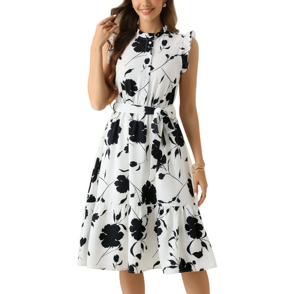INSPIRE CHIC Floral Dresses for Women's Sleeveless Ruffle Neck Half Placket Midi Dress XS White