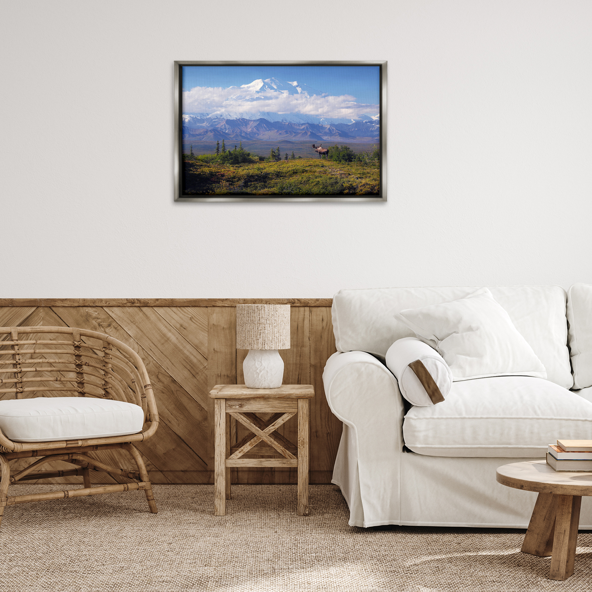 Stupell Industries Mountain Majesty Moose Landscape & Nature Photography Gray Floater Framed Canvas Art Print Wall Art, 31 x 21