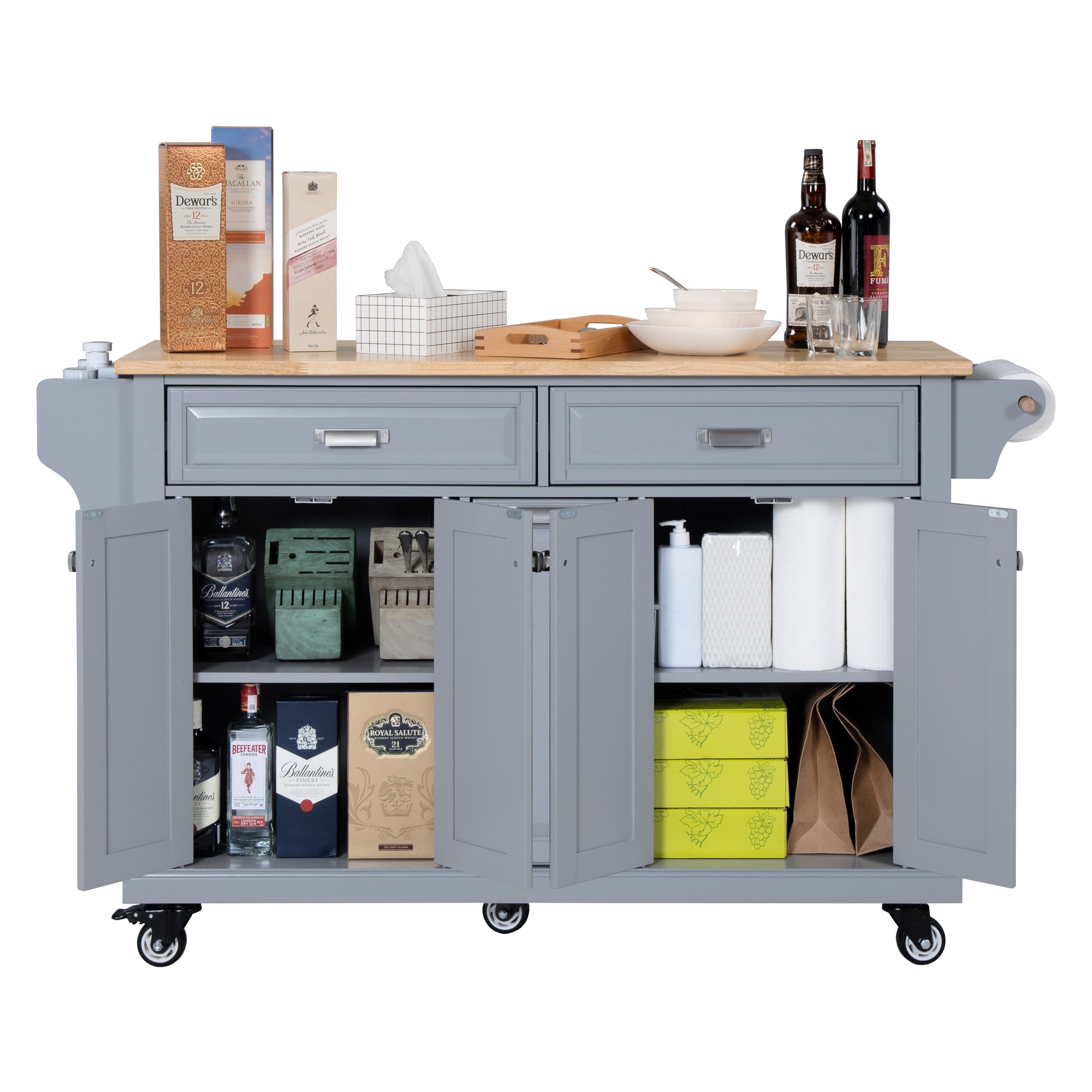 AR Airui Polin 60.5" Kitchen Island on Wheels, 4 Doors 3 Drawers, Rubberwood, Gray