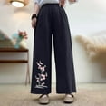 thumbnail image 2 of Women Linen Palazzo Pants High Waisted Wide Leg Summer Trousers Floral Embroidery Elastic Waist Pockets Retro Casual Pant, 2 of 6
