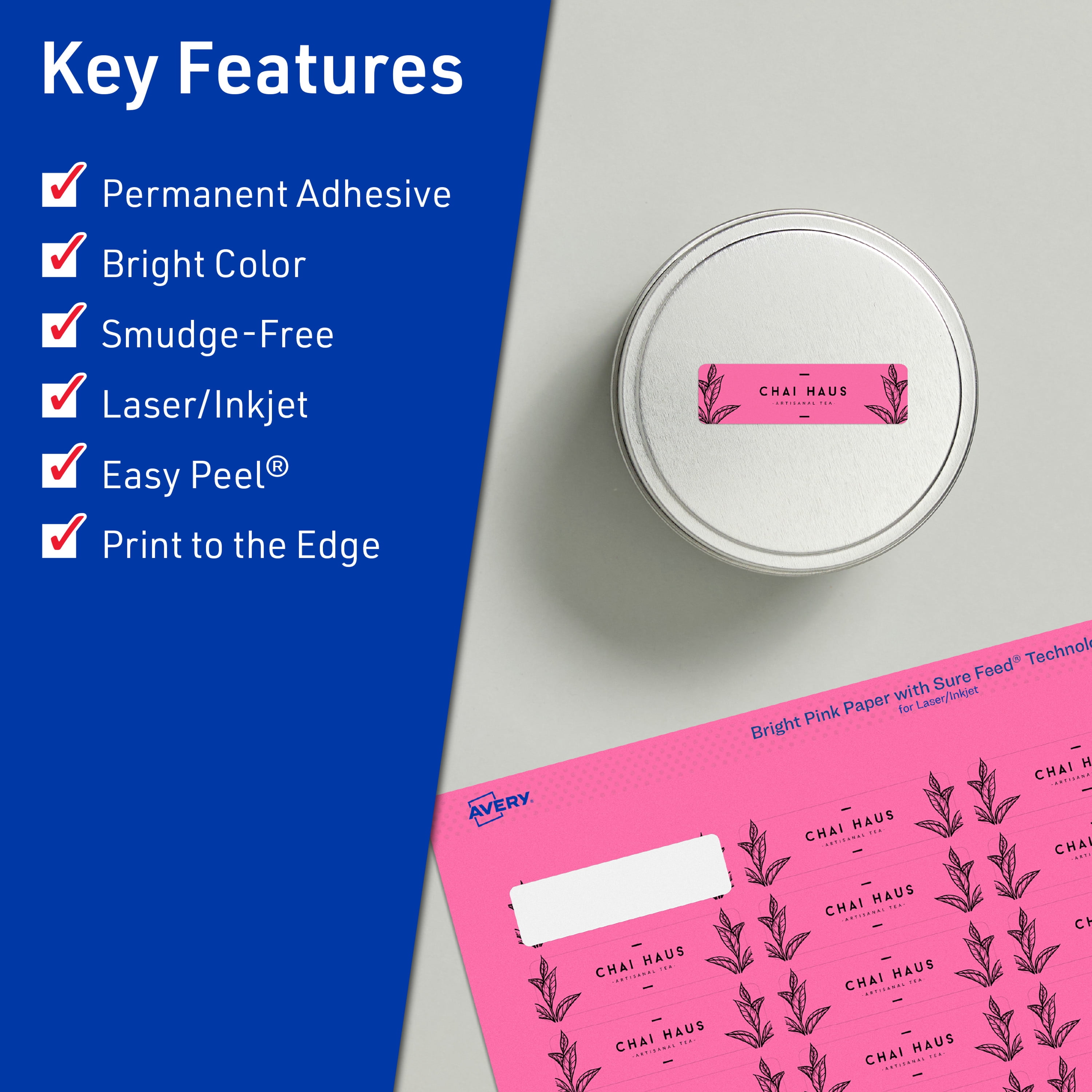 Avery Printable Rectangle Labels, Bright Pink, 0.5" x 1.75", 4,800ct